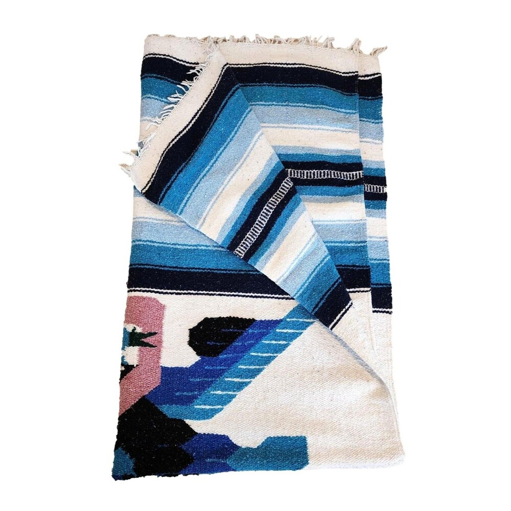 Blue and White Southwestern-style Hand-woven Striped Blanket featuring a Phoenix